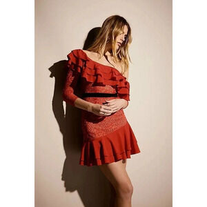 For Love & Lemons Chianti Off Shoulder Ruffle Dress Red Hot Size S